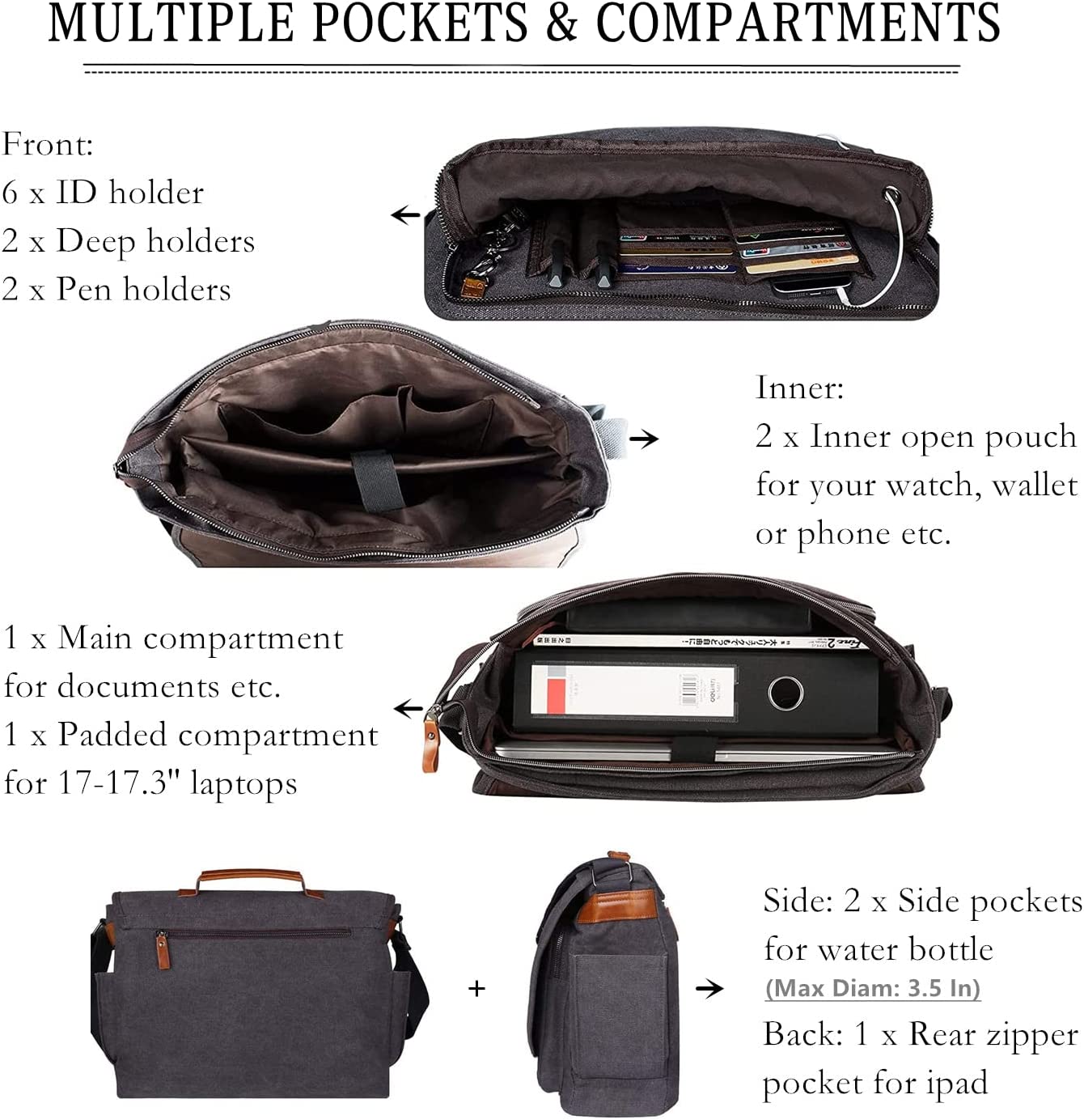 ESTARER Computer Messenger Bag 17-17.3 Inch Water-resistant Canvas Laptop Shoulder Bag for Travel Work College New Version, Grey - Image 4